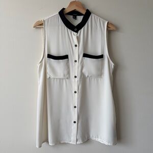 Forever 21 White Sleeveless Button-Up Top with Black Trim